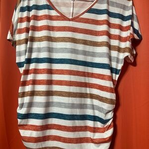 Striped V-Neck Women’s Top in White with Rust, Teal & Gray Stripes